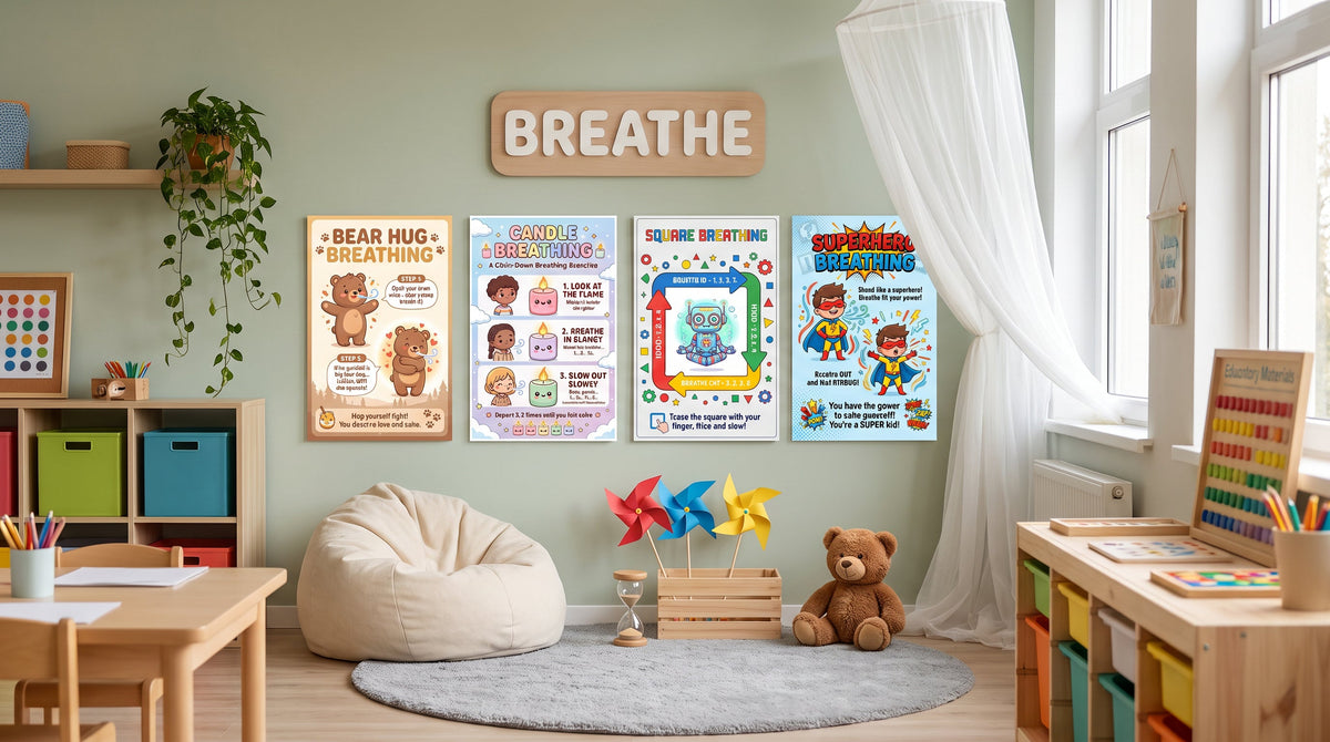 A classroom calm corner breathing station with Bear Hug, Candle, Square and Superhero Breathing posters hung low above a beanbag and pinwheels.