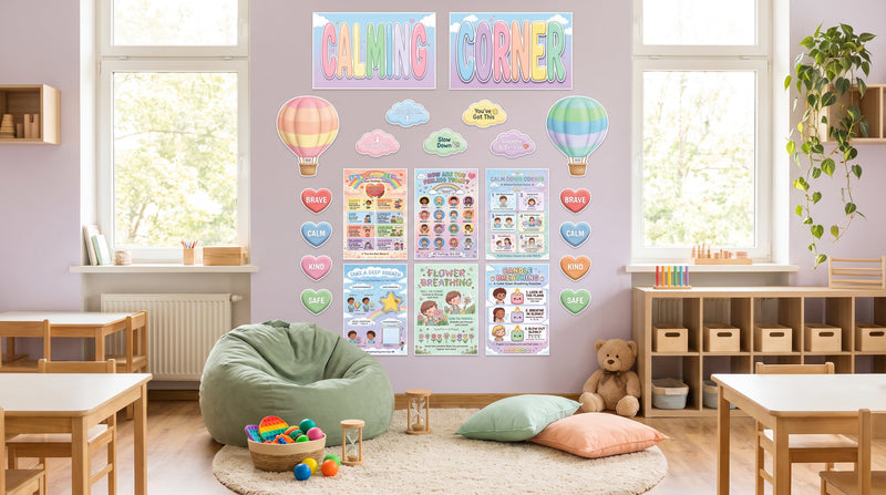 A pastel calming corner in an elementary classroom, with a Calming Corner banner, hot air balloons and six feelings and breathing posters above a beanbag.