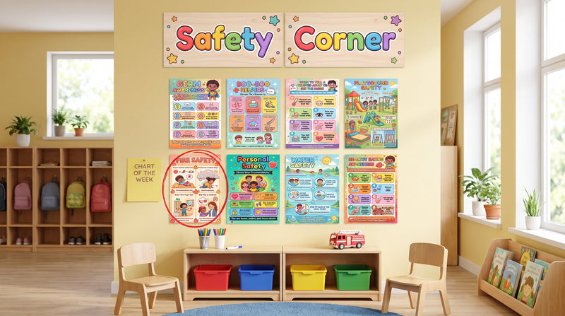 A kindergarten safety corner with a Safety Corner banner above eight safety charts, one circled in marker as the chart of the week.