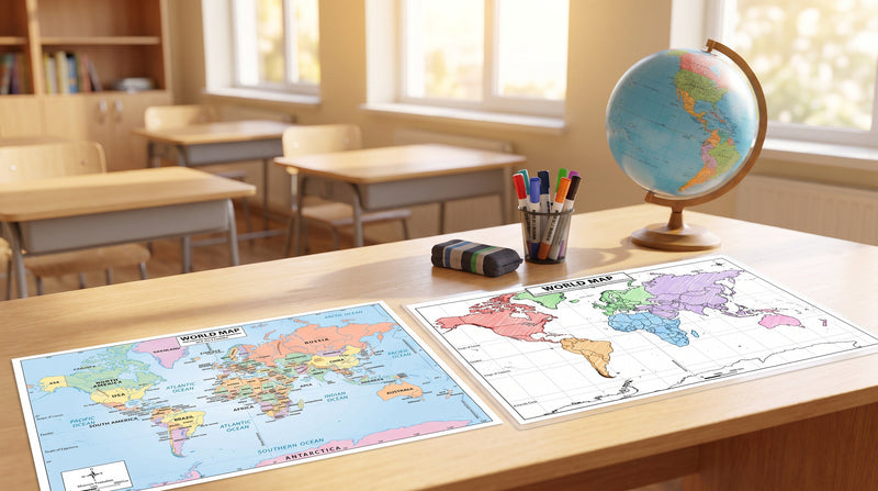 A classroom table set for map games, with a labeled world map, a blank world map colored in marker and a globe.