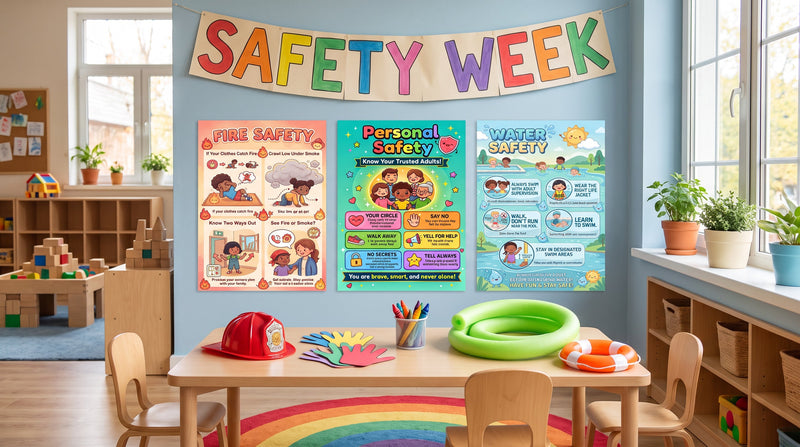 A preschool safety activity table in a bright classroom, with Fire Safety, Personal Safety and Water Safety posters at child eye height behind it.