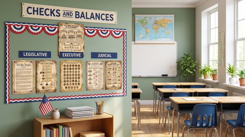Three branches of government poster wall in an upper elementary classroom, with legislative, executive and judicial posters grouped under labeled headers.
