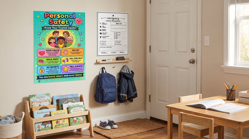 A homeschool room wall by the door with the Personal Safety chart at child eye height beside an emergency contact sign.