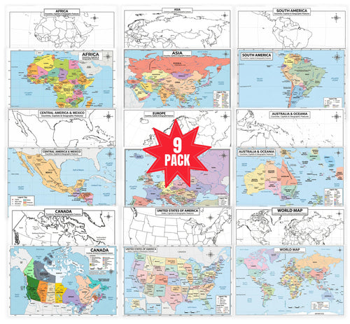 World Geography Map Set – 9-Pack Laminated 11x17 Dry Erase Study Maps | Double-Sided Classroom Learning Tools with Color Maps Front & Blank Outline Backs | Reusable Homeschool Practice, Test Prep & Memorization Aid