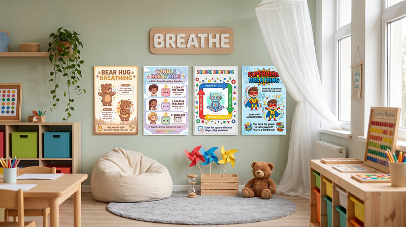 A classroom calm corner breathing station with Bear Hug, Candle, Square and Superhero Breathing posters hung low above a beanbag and pinwheels.