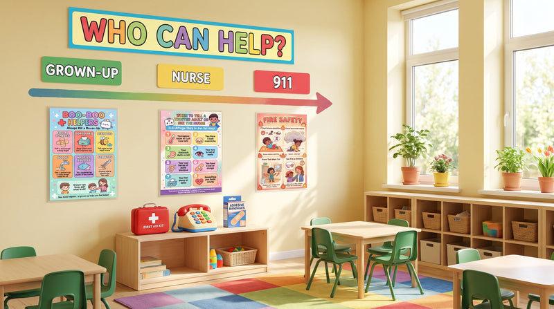 A classroom wall with header cards reading Grown-Up, Nurse and 911 above the Boo-Boo Helpers, School Nurse and Fire Safety posters.