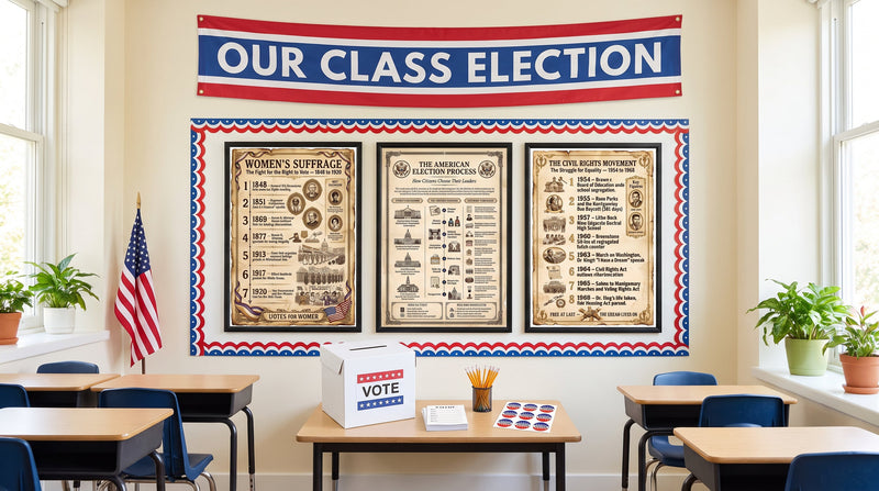 A classroom election wall with the American Election Process poster between the Women's Suffrage and Civil Rights Movement posters, above a cardboard ballot box.
