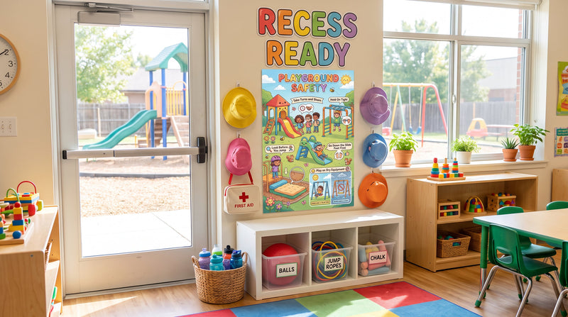 A recess-ready station inside a kindergarten classroom, with the Playground Safety poster at child eye height beside labeled bins of playground equipment.