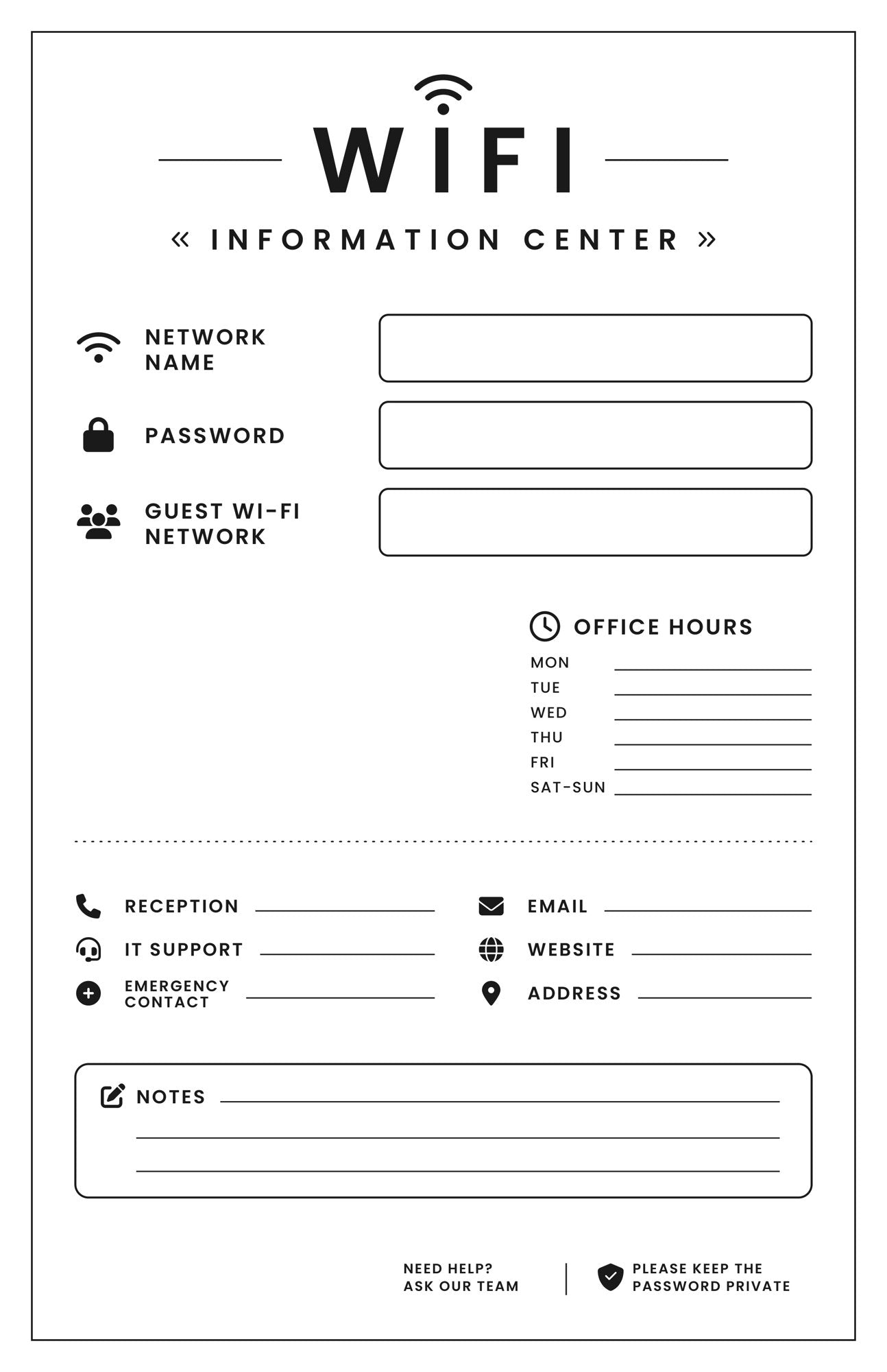 Laminated Wi-Fi information poster with a clean layout and simple tech-themed text
