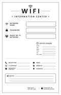 Five laminated Wi-Fi information posters with simple illustrations and QR codes for audio lessons.