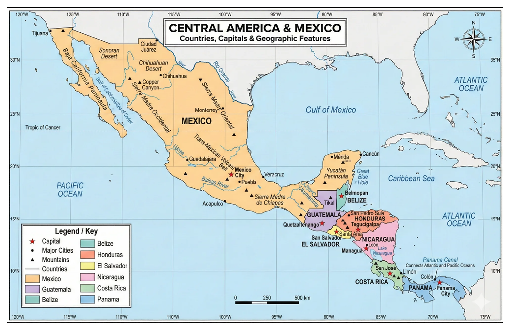 Laminated map poster showing Central America and Mexico with country and region labels.