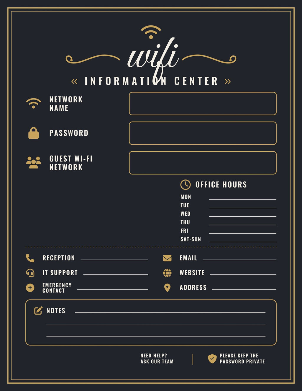 Laminated WiFi information poster with simple icons, clear text, and a tech safety message
