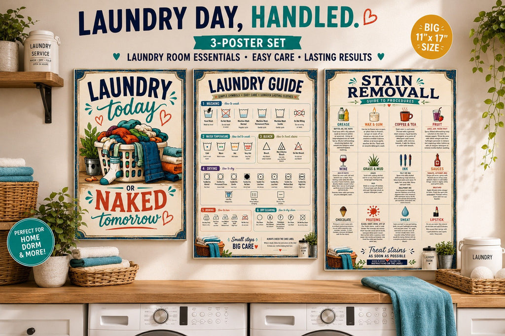 Three laminated laundry posters showing routine, care symbols, and stain removal guide with QR codes — view 2