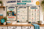 Three laminated laundry posters showing routine, care symbols, and stain removal guide with QR codes — view 2