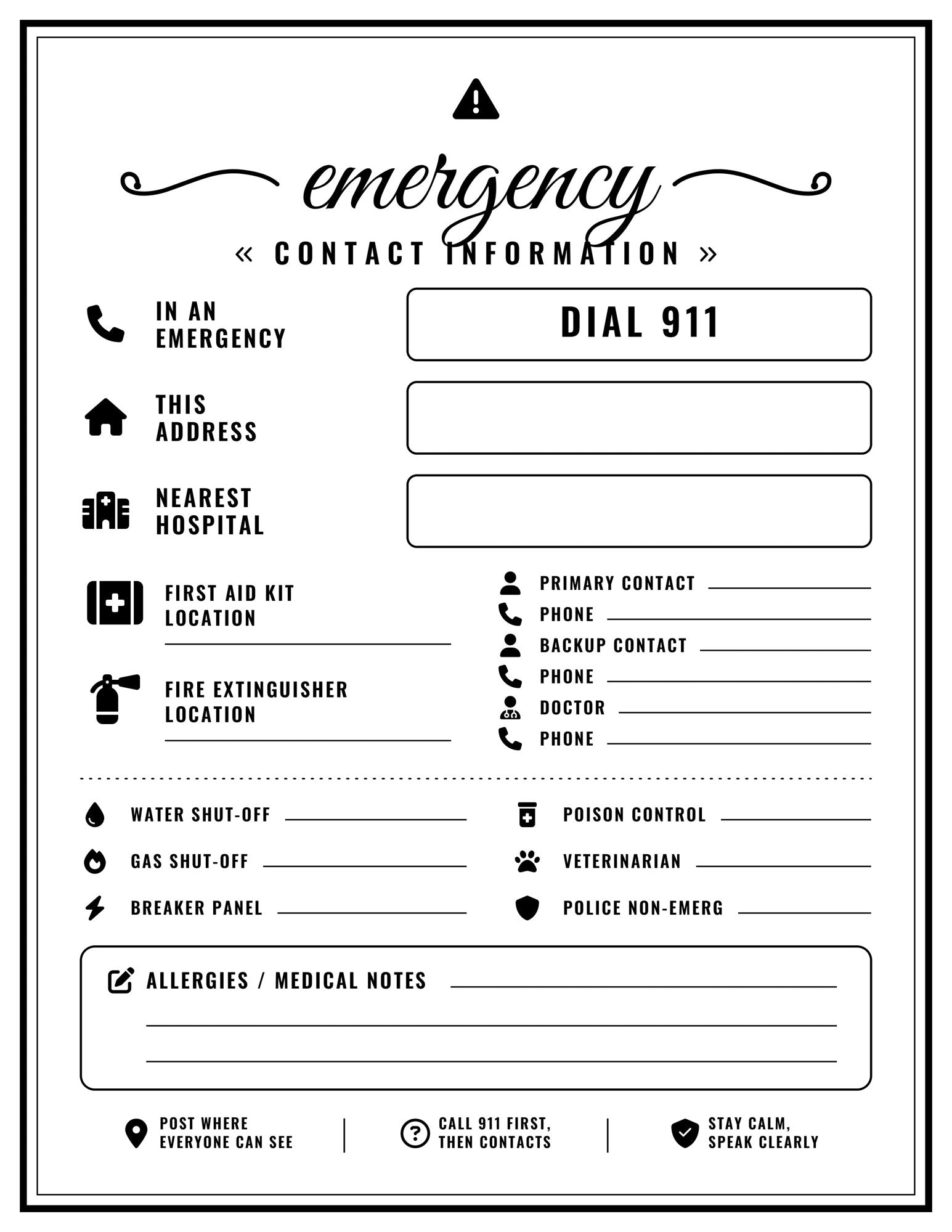 Set of five laminated emergency contact information posters with QR codes for narrated audio lessons
