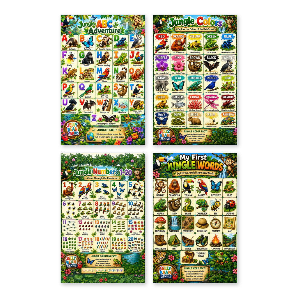Four laminated jungle learning posters for alphabet, colors, jungle words, and counting with QR audio lessons.