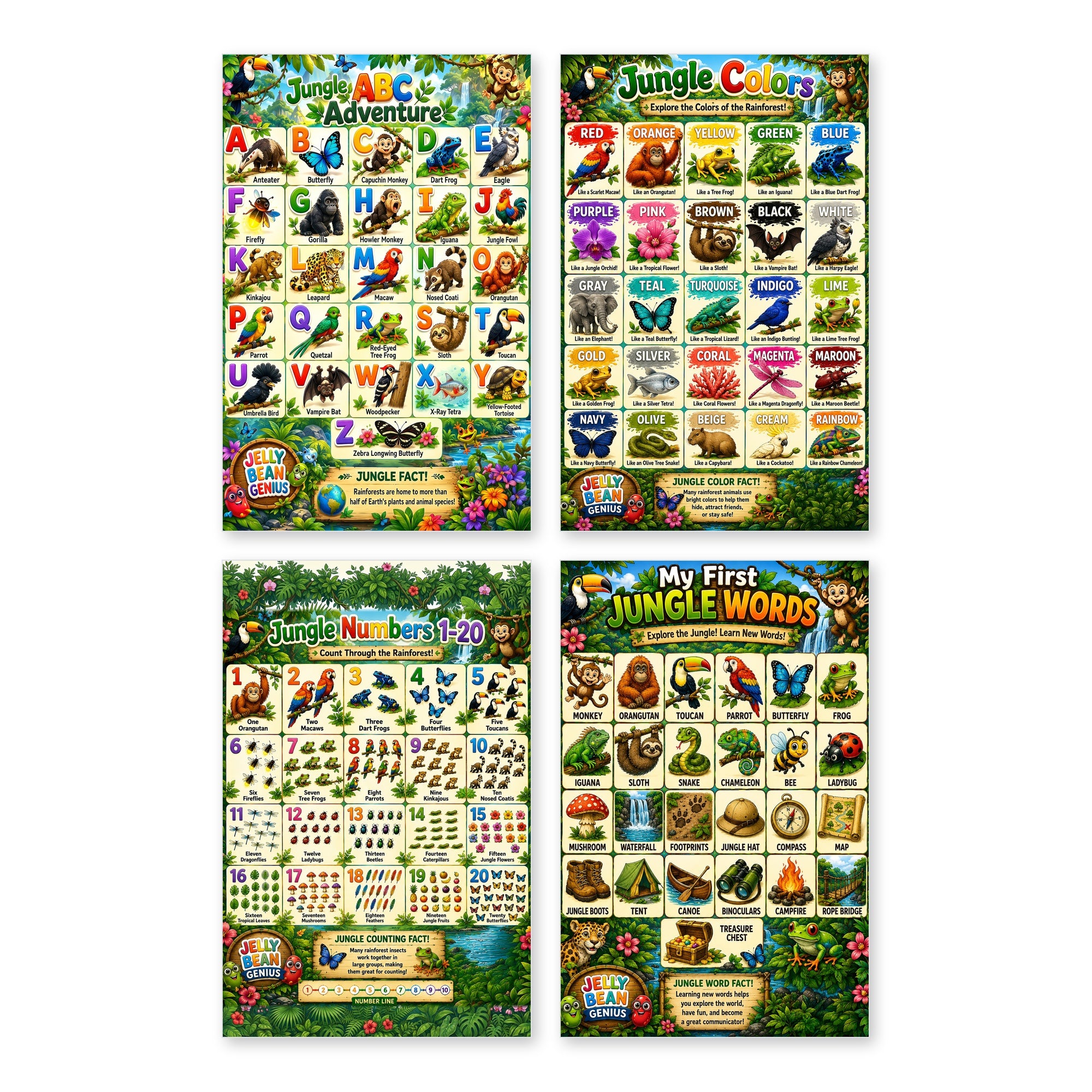 Four laminated jungle learning posters for alphabet, colors, jungle words, and counting with QR audio lessons.