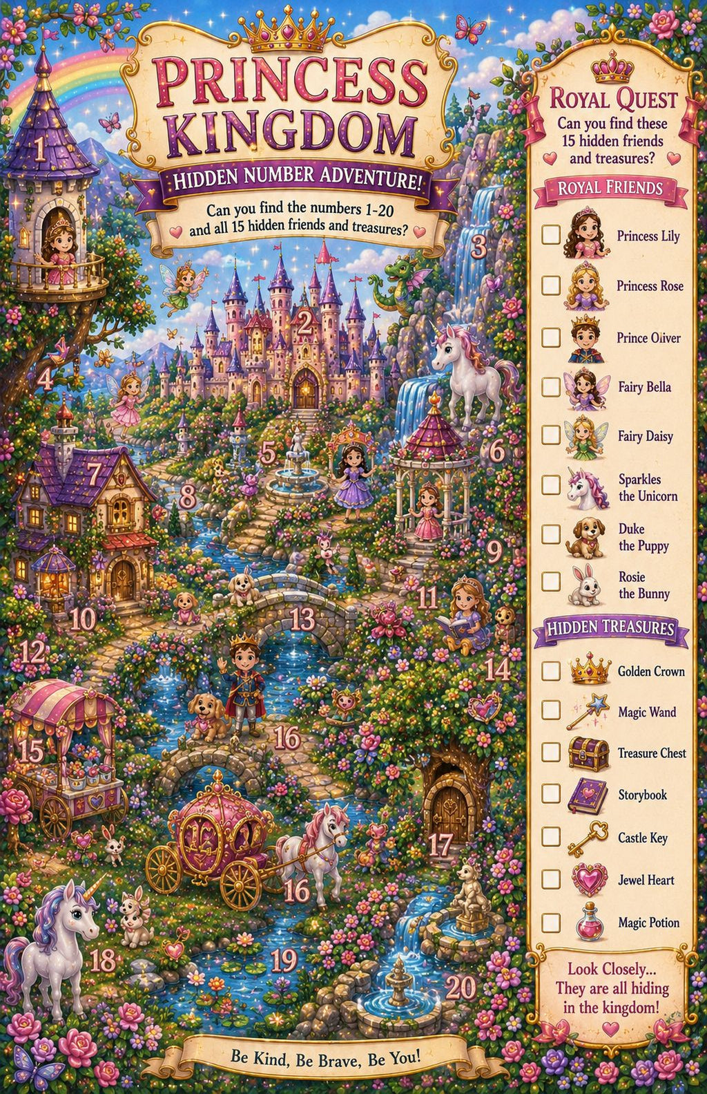 Laminated princess learning poster bundle with first words and search-and-find charts, each with a scannable QR code. — view 5