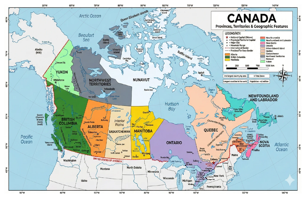 Colorful map of Canada showing provinces and territories with labels on a laminated educational poster.