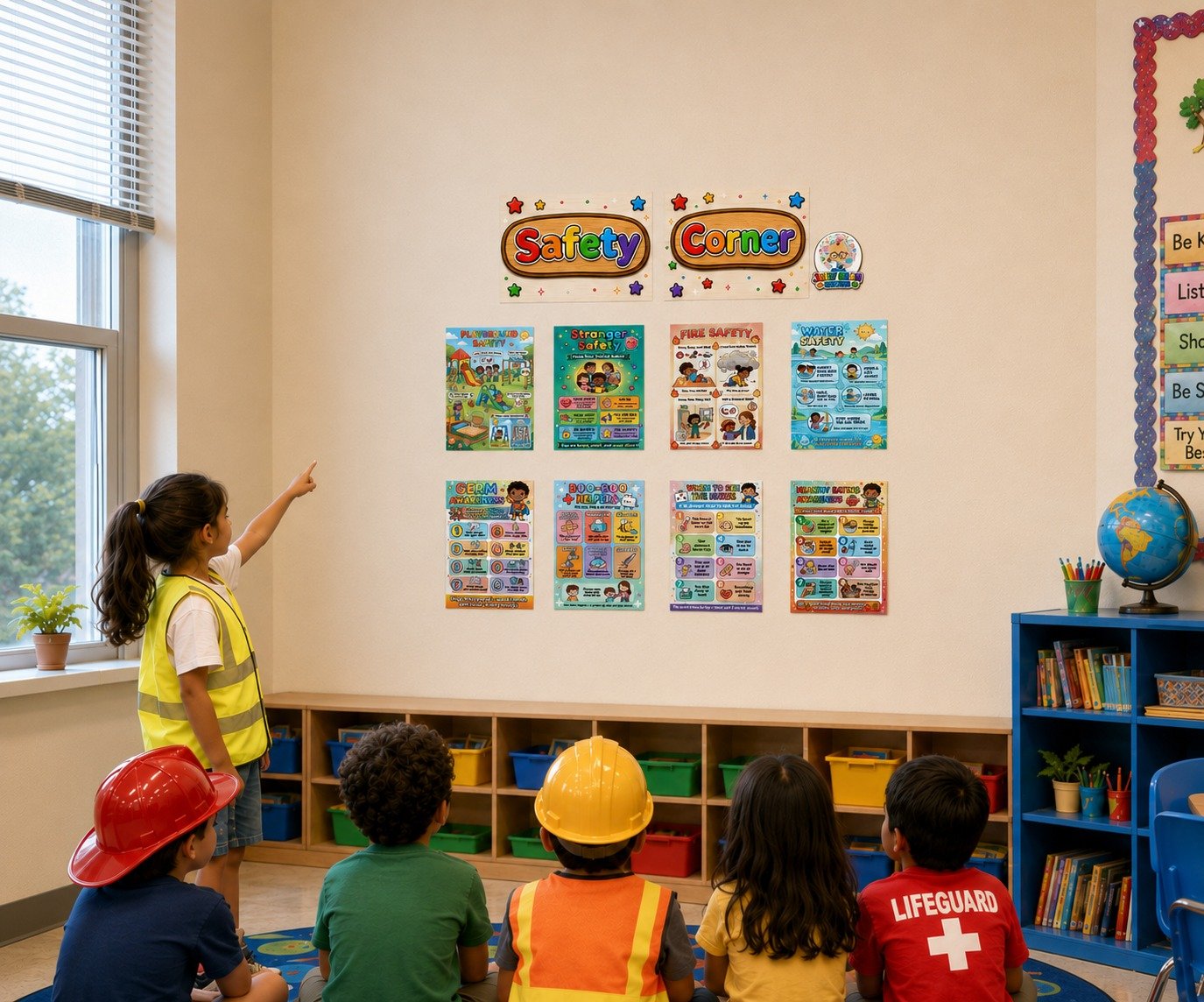 Laminated safety poster set for kids with QR codes for audio lessons on fire, water, playground, germs, first aid, nurse, and — view 2