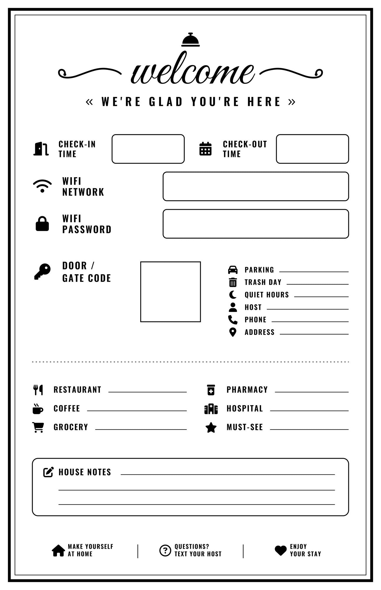 Ten laminated welcome sign posters for guest info with QR codes for audio lessons