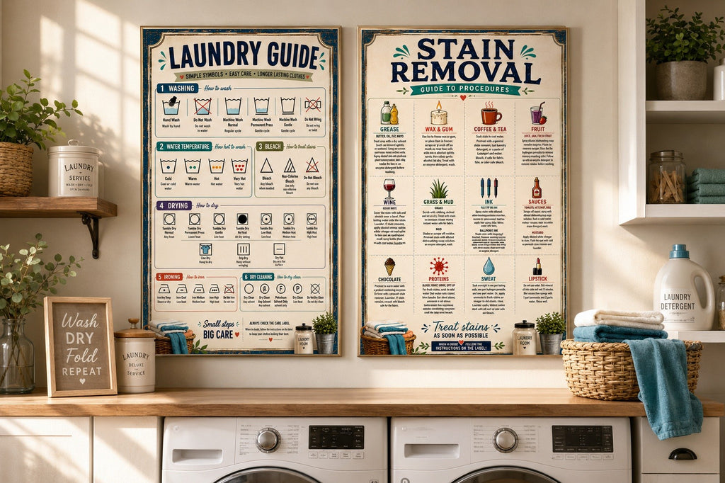 Two laminated laundry posters showing care symbols and a stain removal guide with QR codes for audio lessons. — view 2