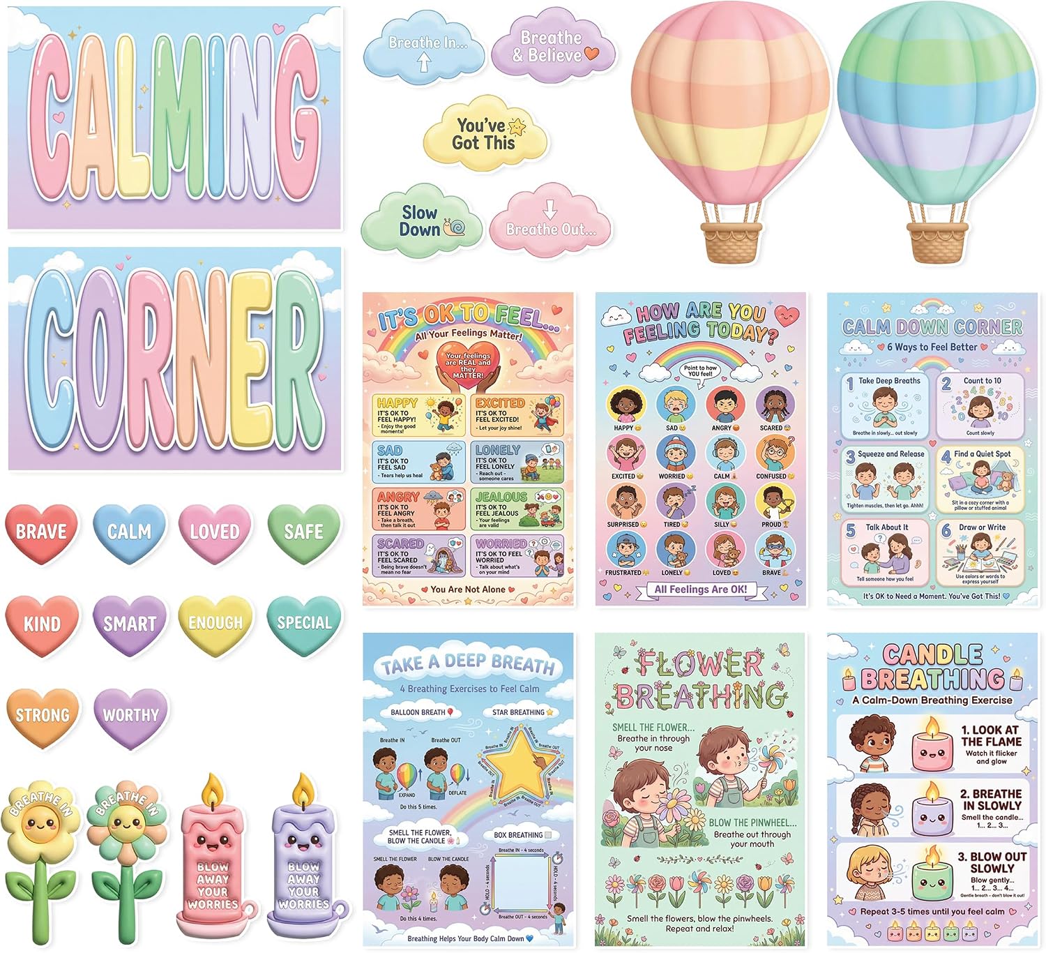 Seven laminated calming corner posters for kids with QR codes for narrated audio lessons.