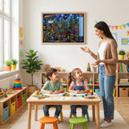 Four laminated superhero learning posters with QR codes for audio lessons, covering letters, numbers, powers, and — view 2