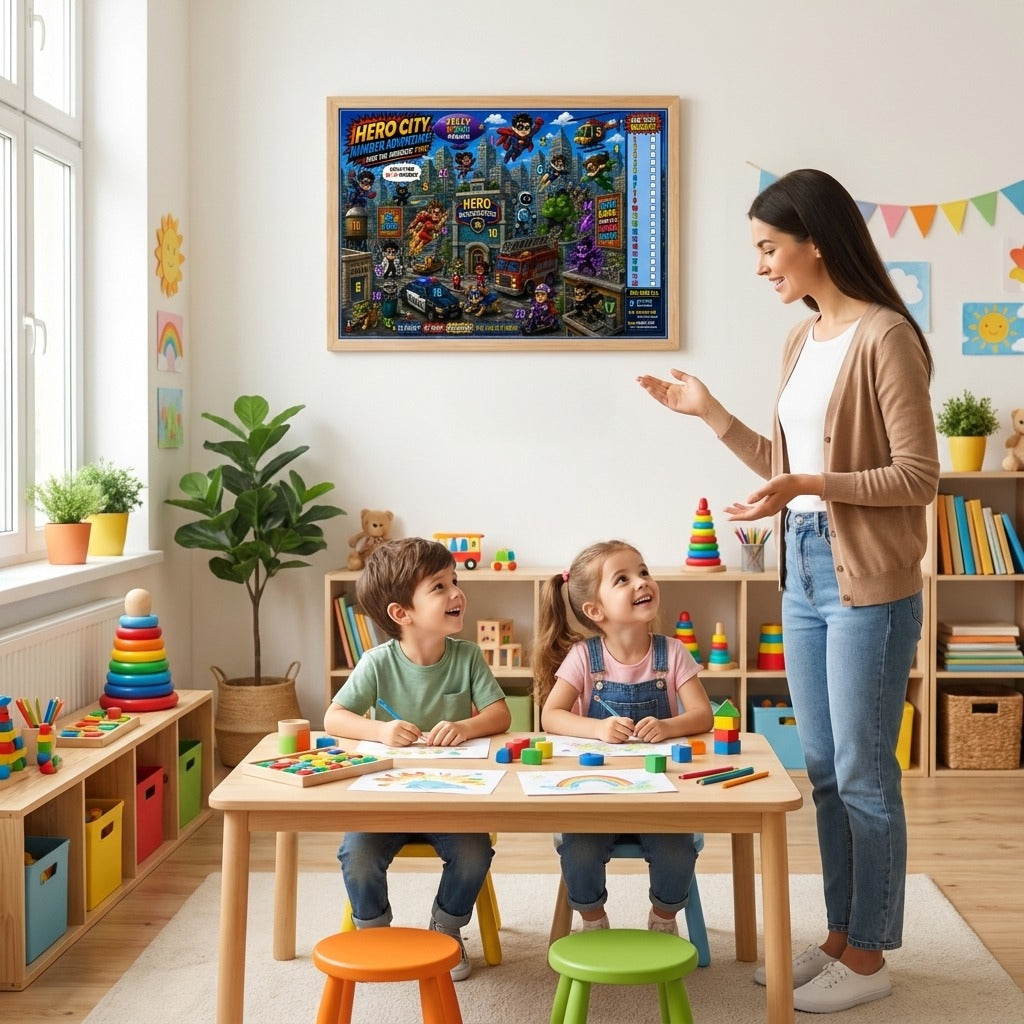 Four laminated superhero learning posters with QR codes for audio lessons, covering letters, numbers, powers, and — view 2