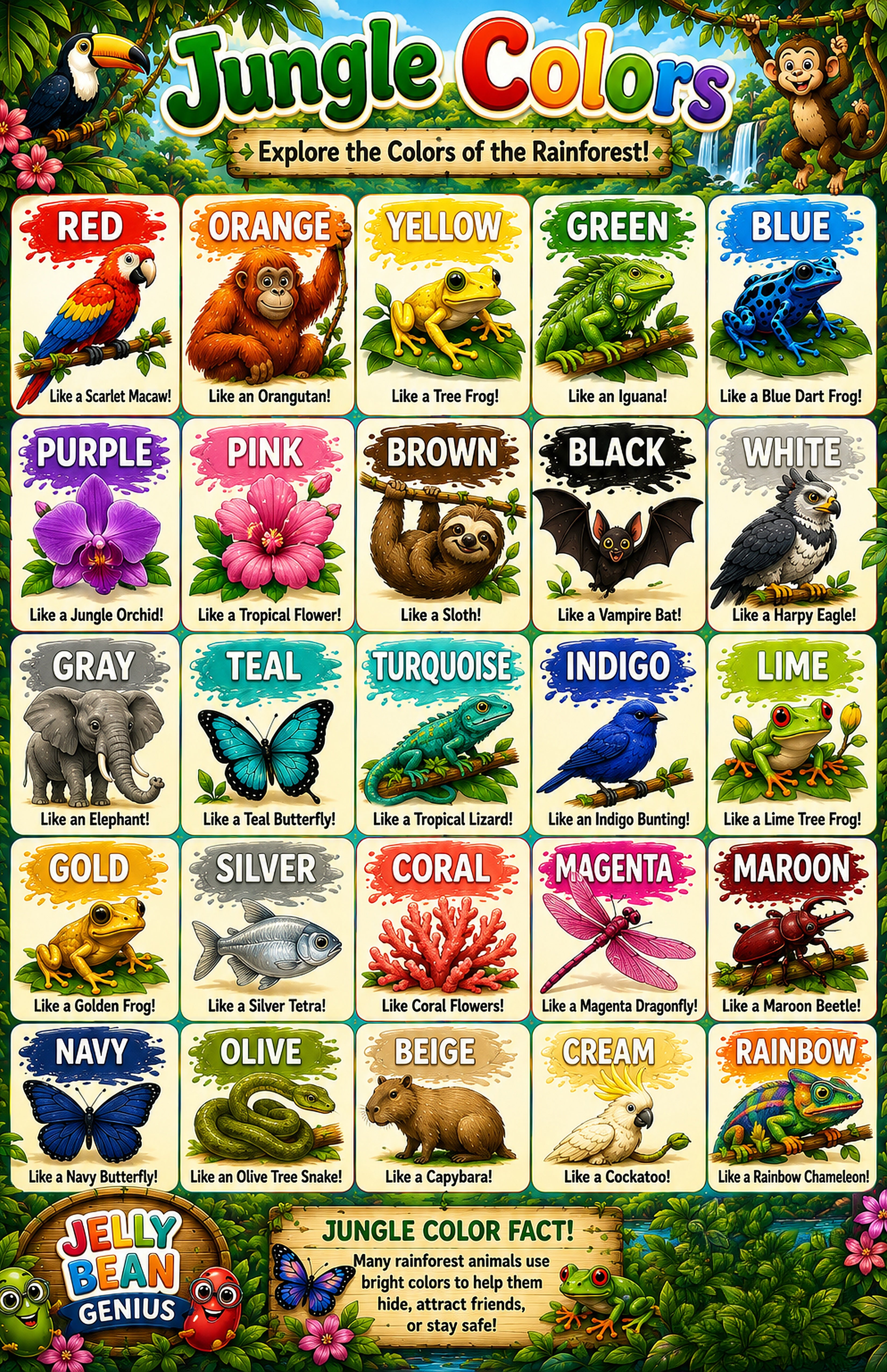 Four laminated jungle learning posters for alphabet, colors, jungle words, and counting with QR audio lessons. — view 4