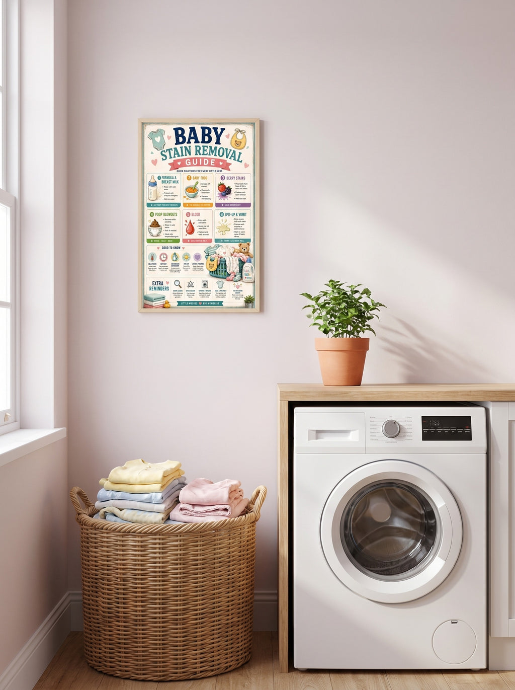 Four laminated baby care posters with QR codes for narrated audio lessons, covering feeding, safety, care tips, and stain — view 3
