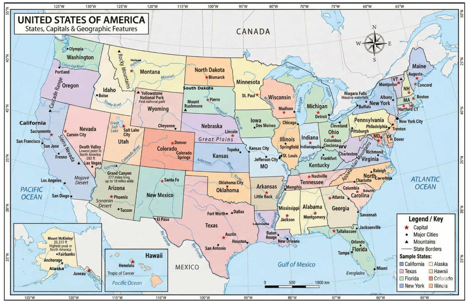Two laminated map posters for kids: USA map and world map with QR codes for audio lessons.