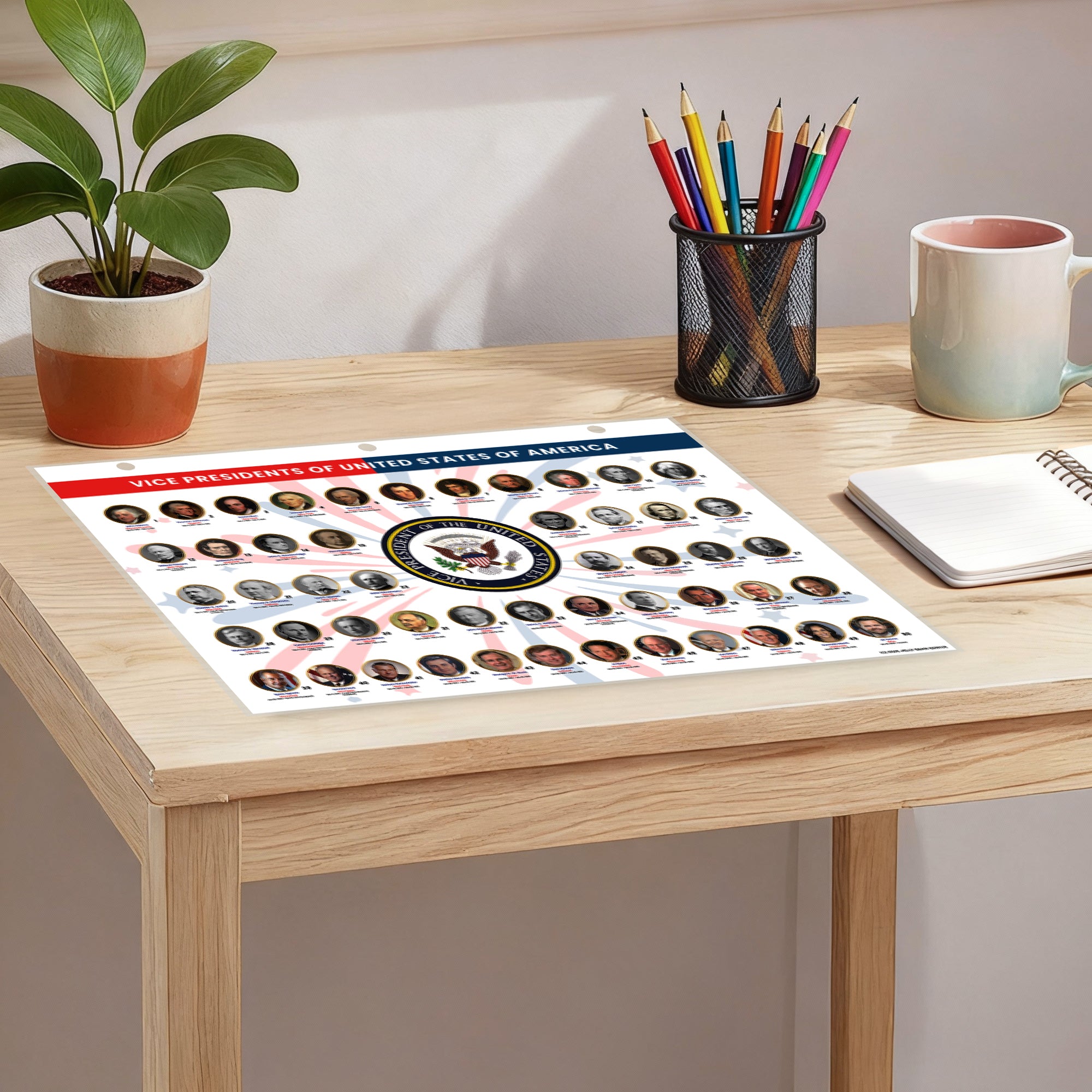 U.S. Presidents and Vice Presidents educational reference sheet displayed on a desk