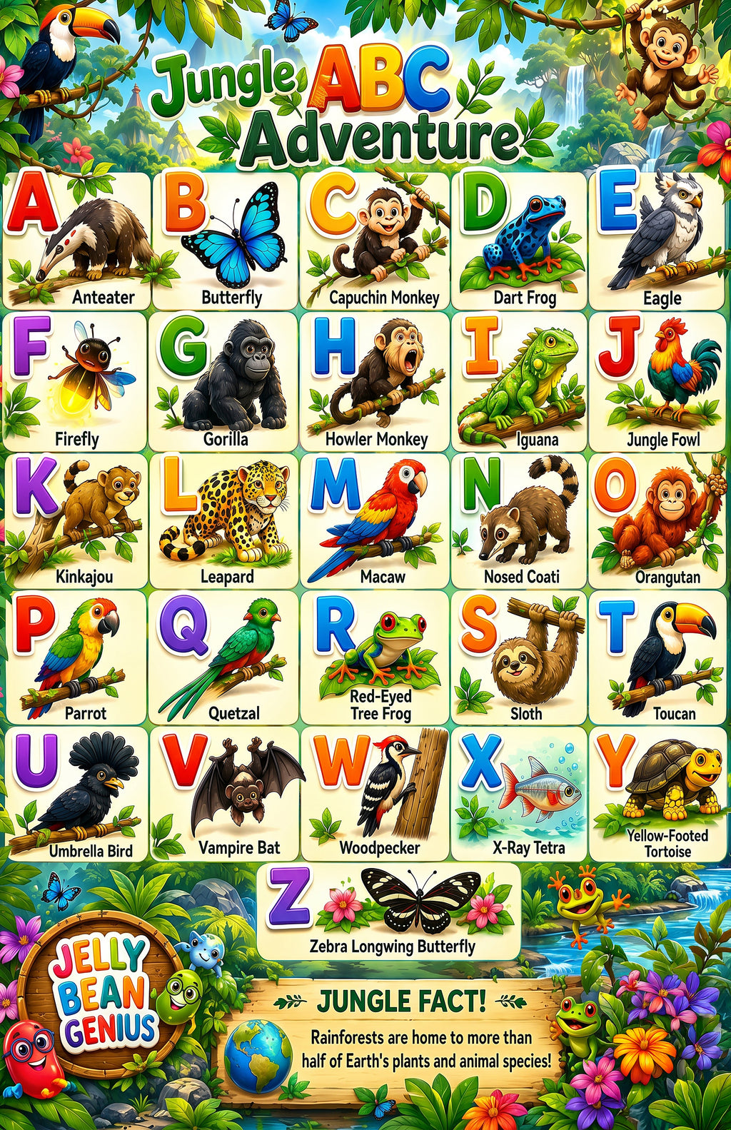 Four laminated jungle learning posters for alphabet, colors, jungle words, and counting with QR audio lessons. — view 3