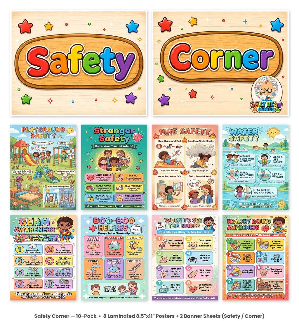 Laminated safety poster set for kids with QR codes for audio lessons on fire, water, playground, germs, first aid, nurse, and