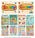 Laminated safety poster set for kids with QR codes for audio lessons on fire, water, playground, germs, first aid, nurse, and