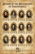 Laminated poster showing the signers of the Declaration of Independence with names and a QR code for audio lessons.