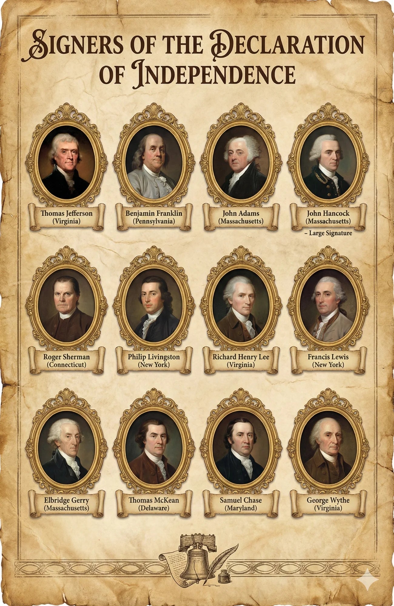Laminated poster showing the signers of the Declaration of Independence with names and a QR code for audio lessons.