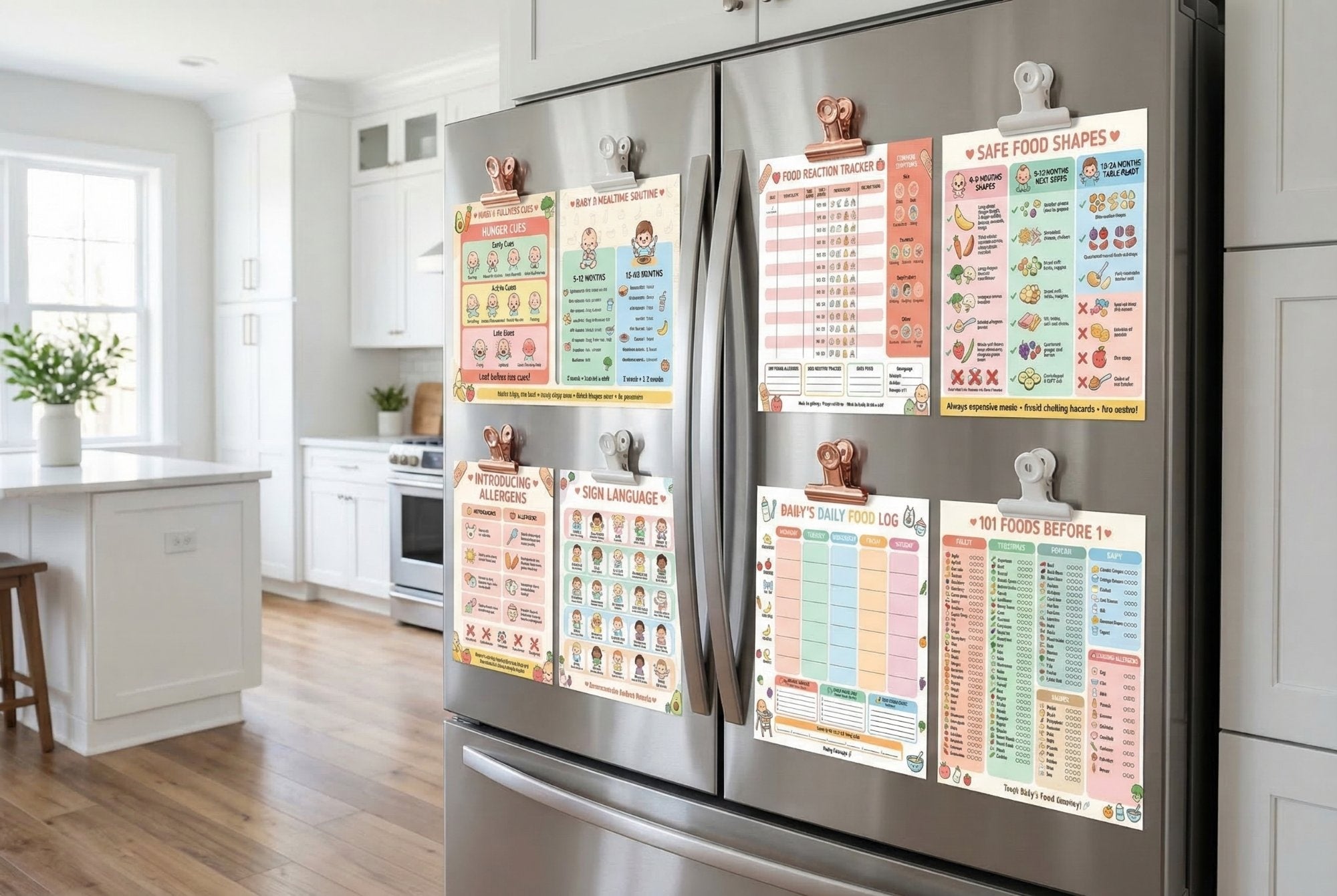 Four laminated baby care posters with QR codes for narrated audio lessons, covering feeding, safety, care tips, and stain