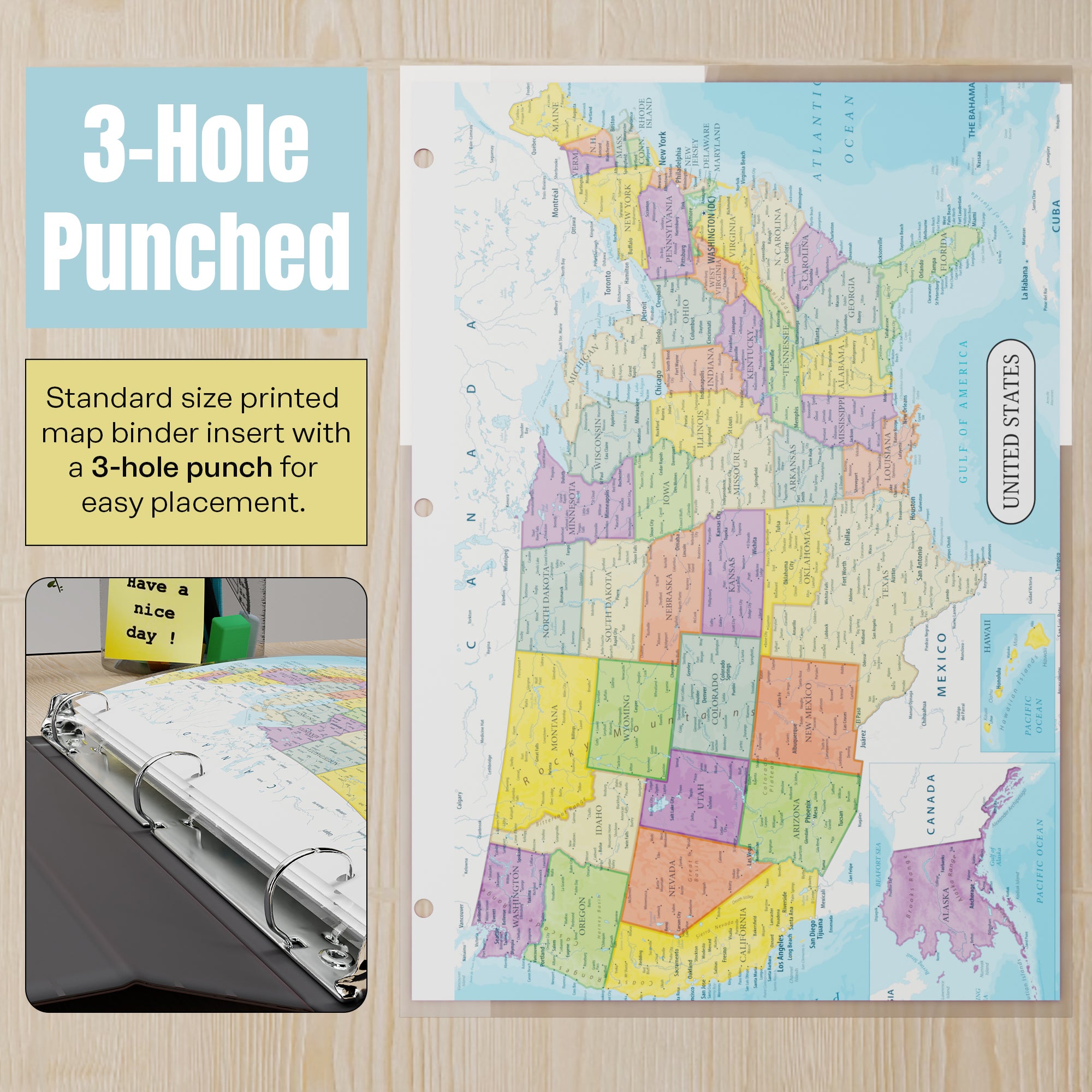 Detailed United States Map & Central America Map Reference Binder Insert (Double-Sided) | Geography Learning Chart for Kids