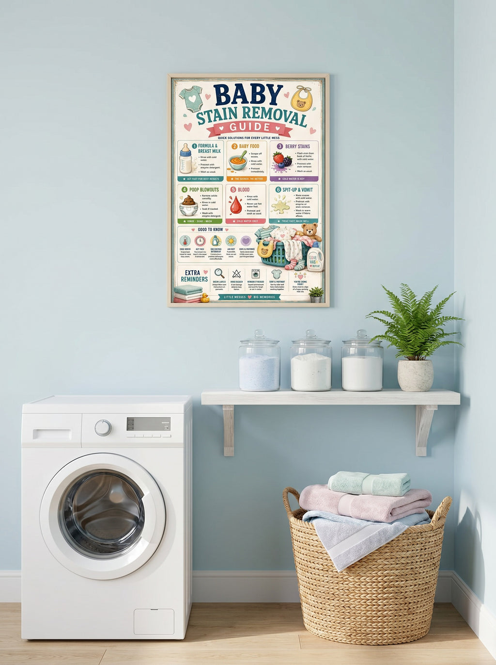 Four laminated baby care posters with QR codes for narrated audio lessons, covering feeding, safety, care tips, and stain — view 2