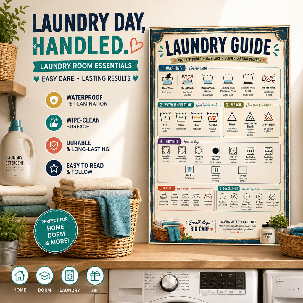 Three laminated laundry posters showing routine, care symbols, and stain removal guide with QR codes — view 5