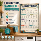 Three laminated laundry posters showing routine, care symbols, and stain removal guide with QR codes — view 5