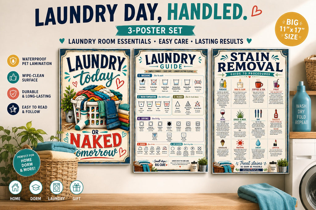 Three laminated laundry posters showing routine, care symbols, and stain removal guide with QR codes