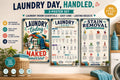 Three laminated laundry posters showing routine, care symbols, and stain removal guide with QR codes