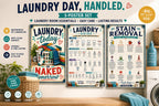 Three laminated laundry posters showing routine, care symbols, and stain removal guide with QR codes