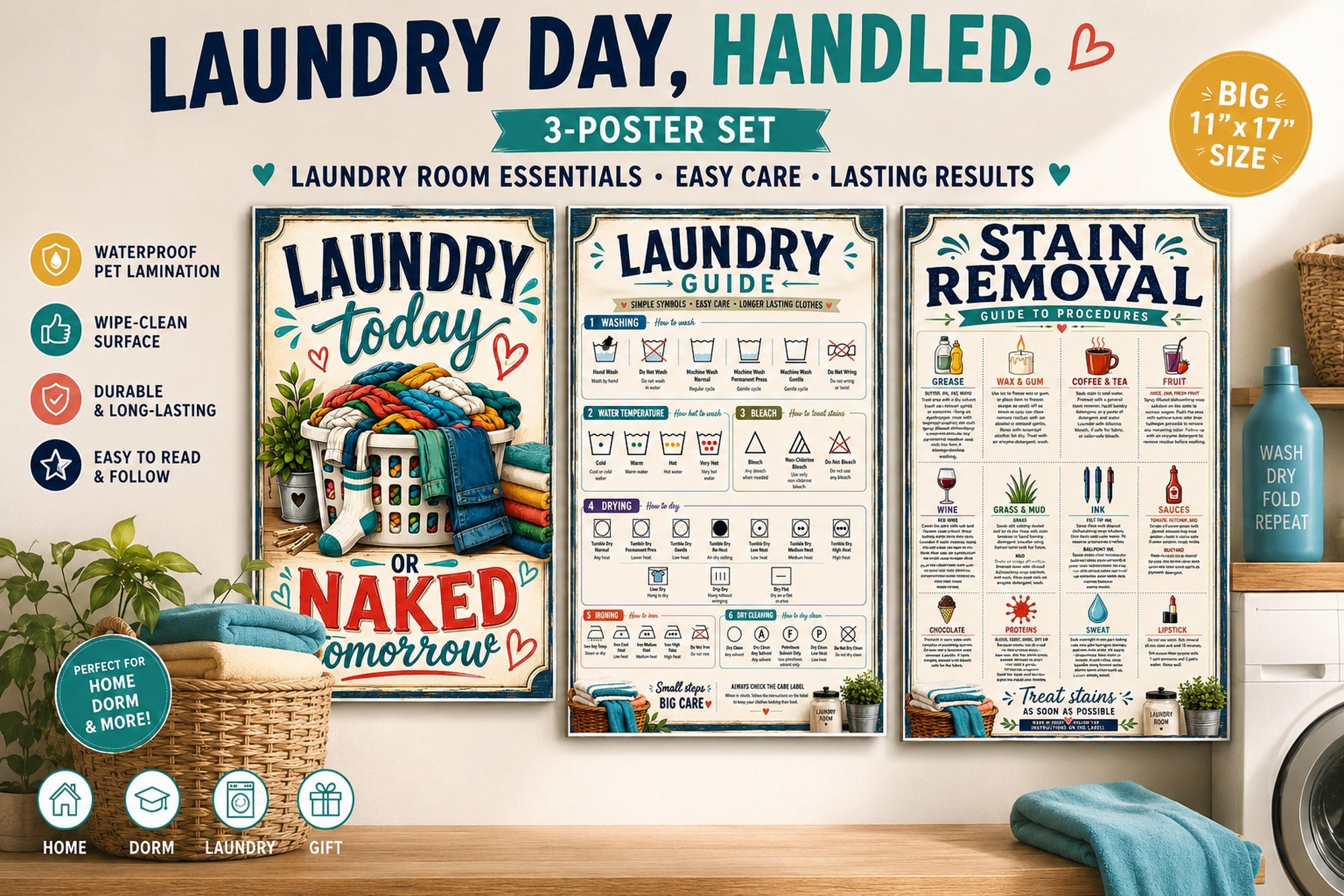 Three laminated laundry posters showing routine, care symbols, and stain removal guide with QR codes