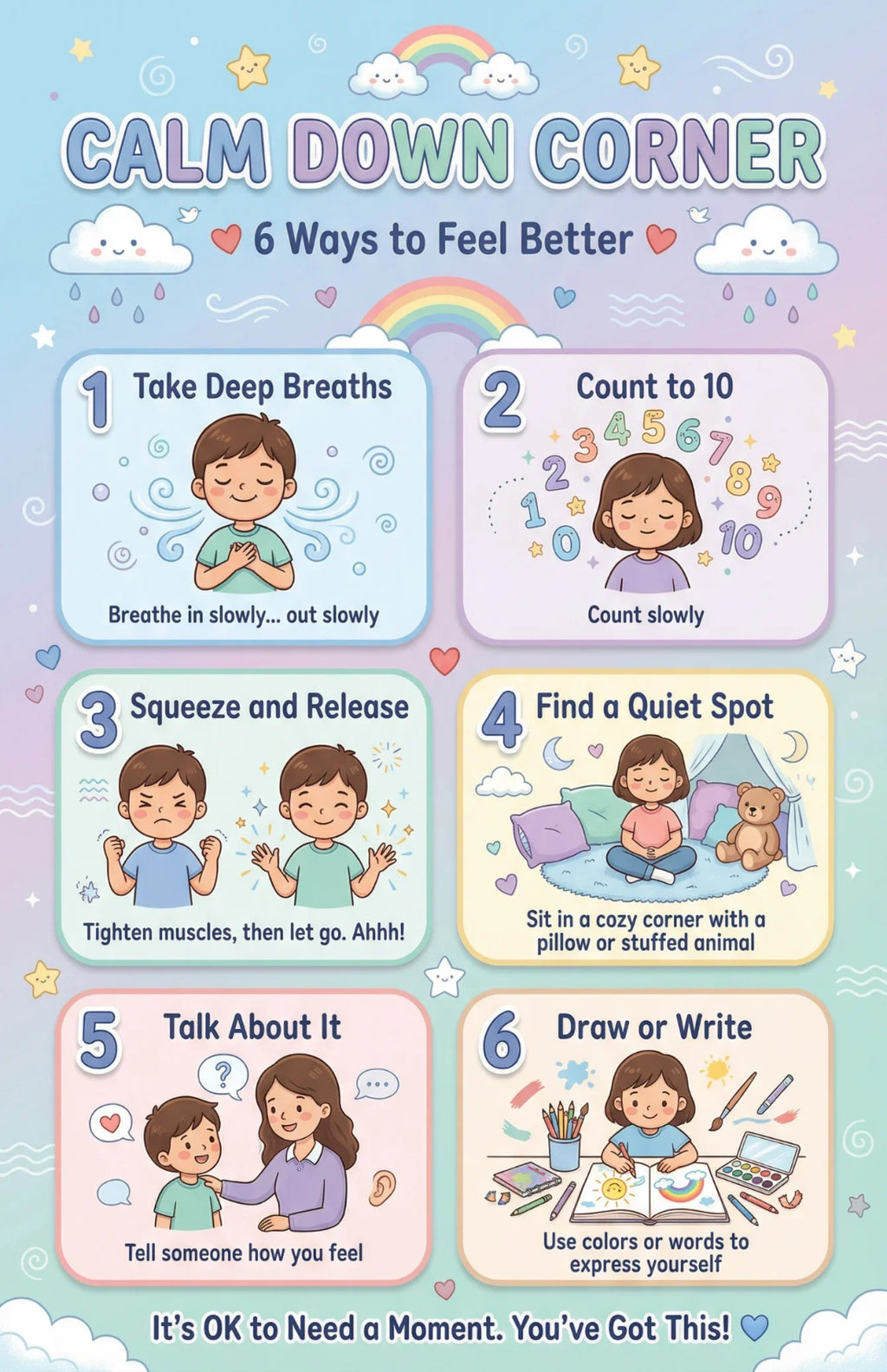Seven laminated calming corner posters for kids with QR codes for narrated audio lessons. — view 4