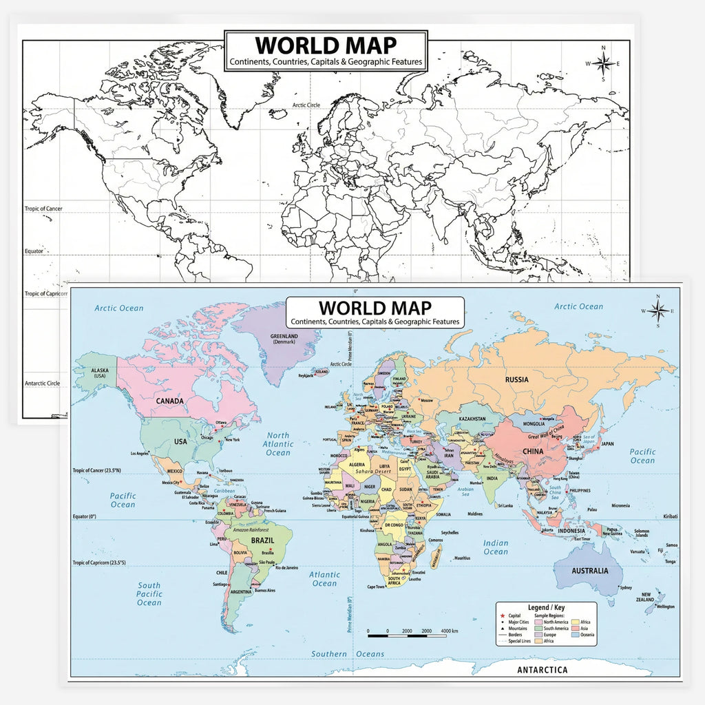 Two world maps, one black and white and one colored with country names, on a white background.