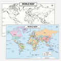 Two world maps, one black and white and one colored with country names, on a white background.